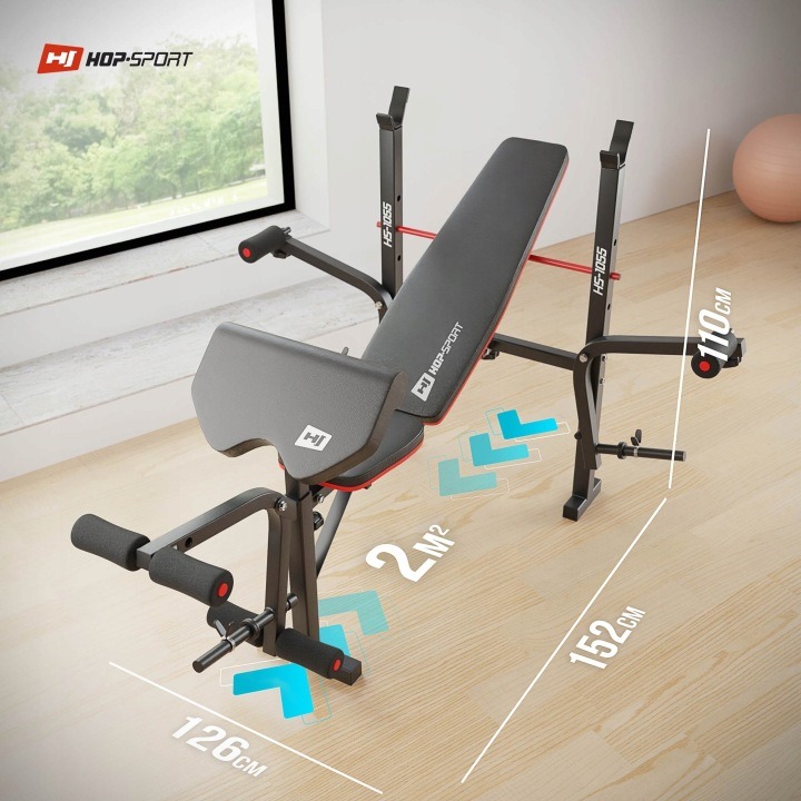 Veľká nastaviteľná tréningová lavica Hop-Sport HS-1055 Pro s kazateľskou opierkou, stojanmi a adaptérom na nohy